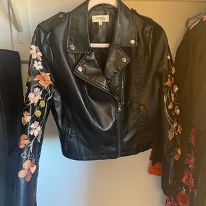 Charlotte Russe Black Leather Jacket with Colorful Floral Embroidery